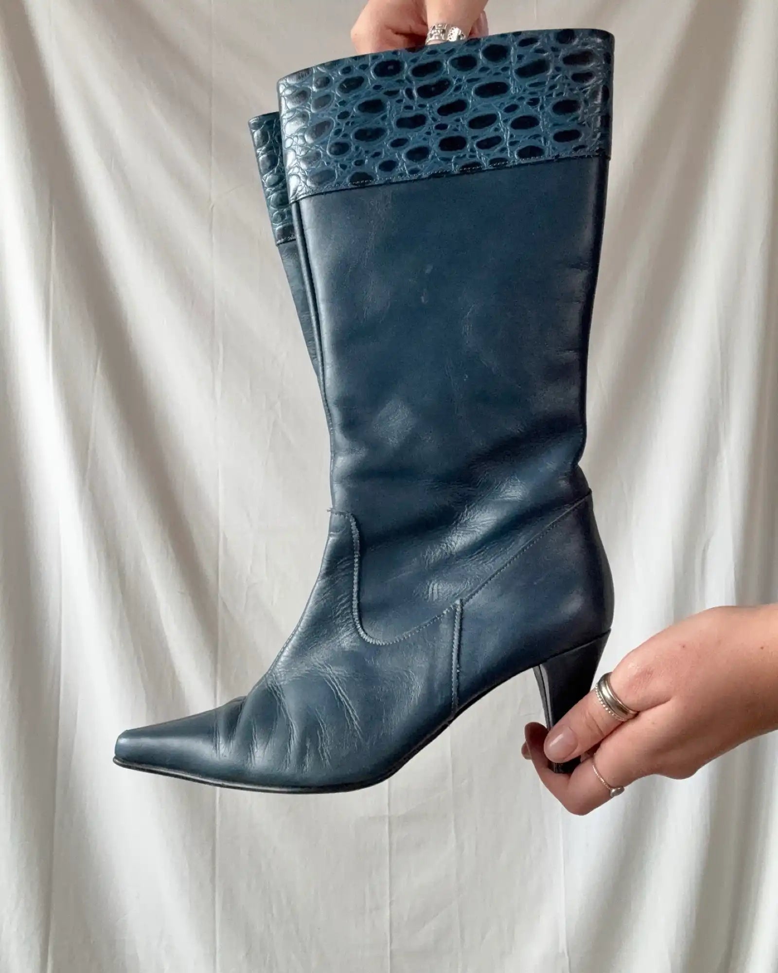 Navy Heeled Leather Boots