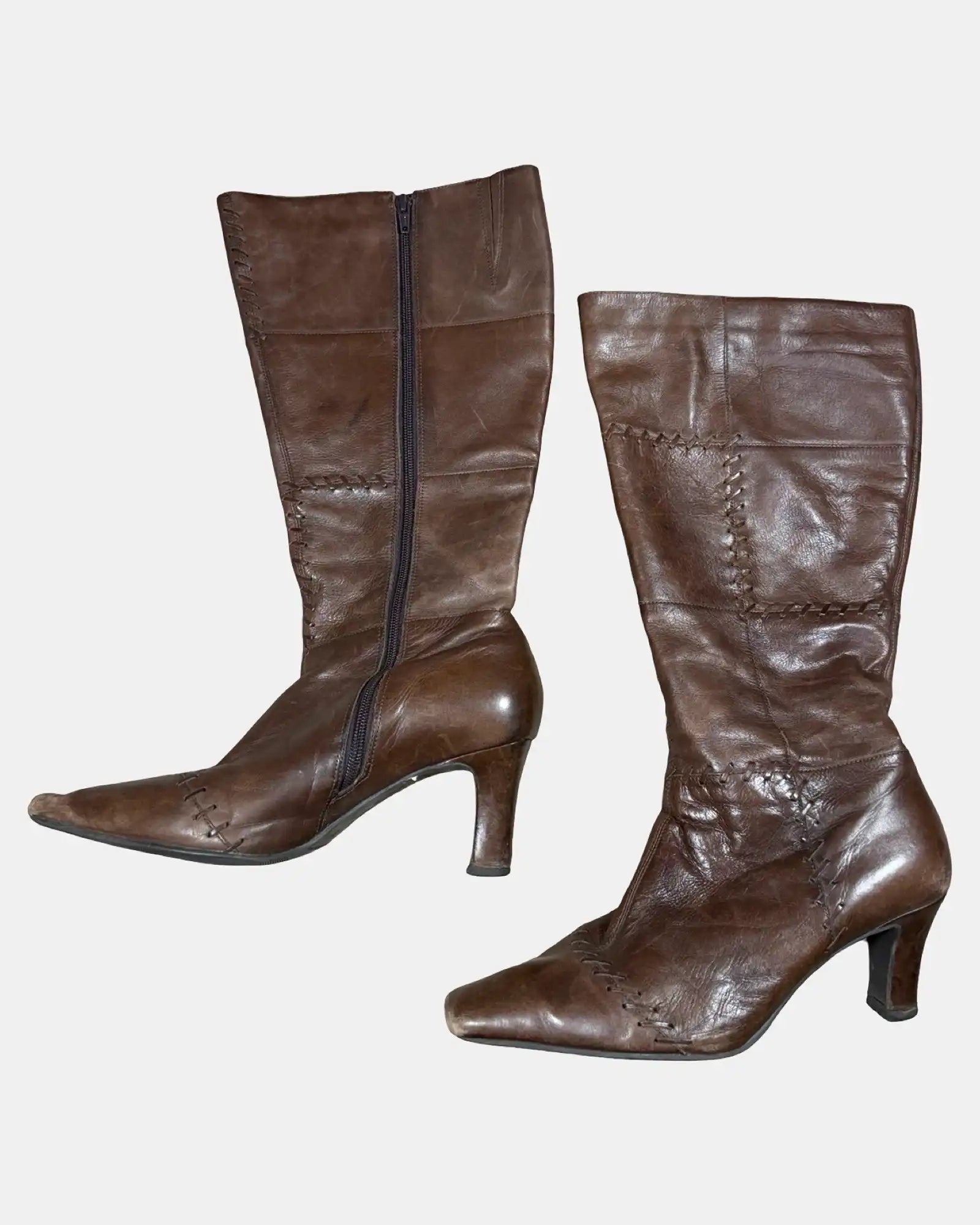 Brown Leather Knee High Boots with Stitch Detail