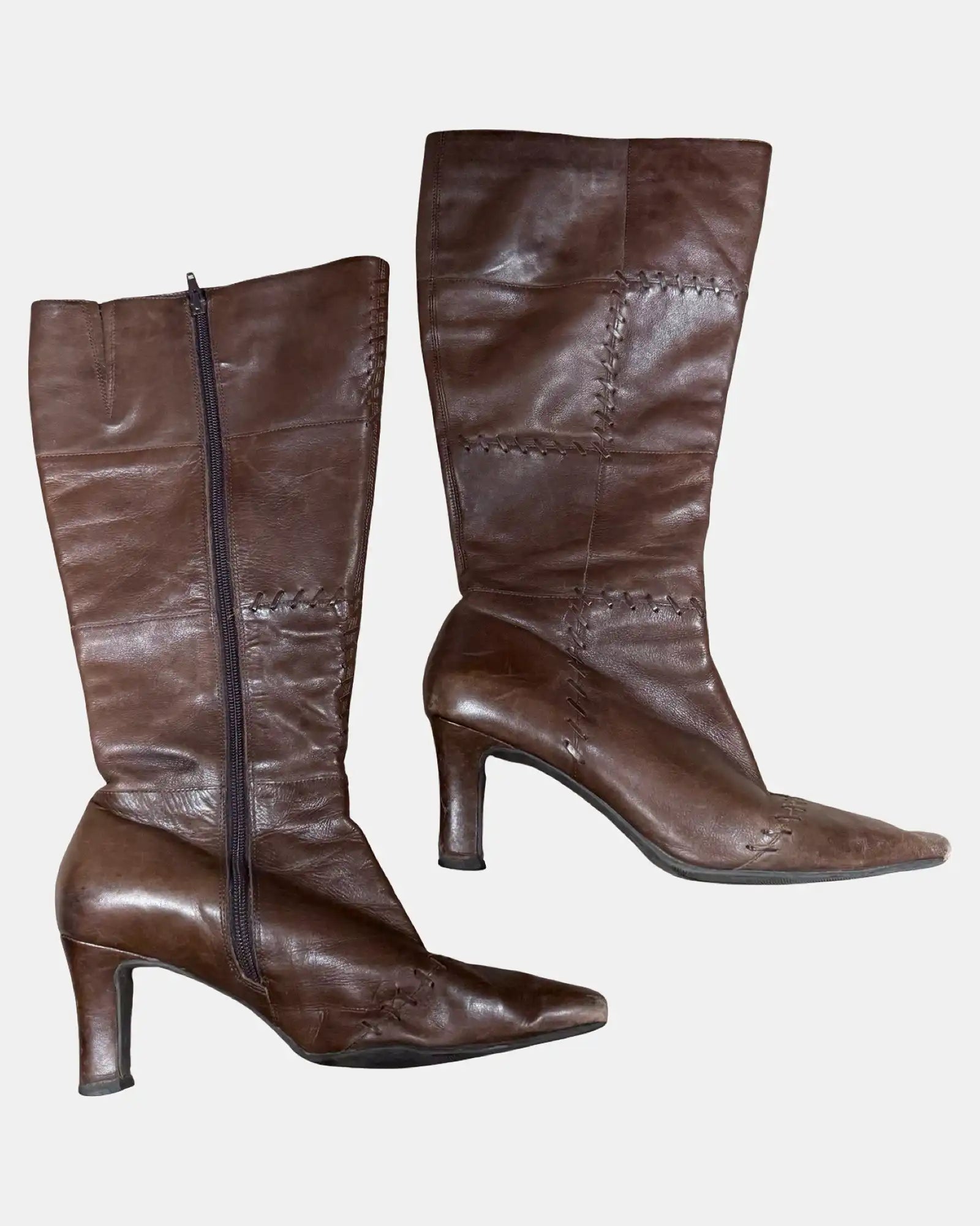 Brown Leather Knee High Boots with Stitch Detail