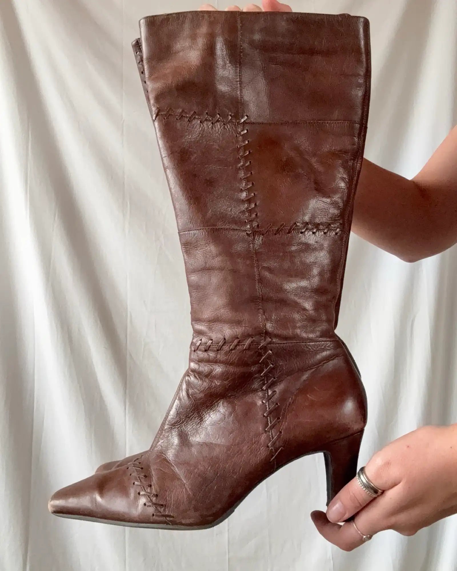 Brown Leather Knee High Boots with Stitch Detail