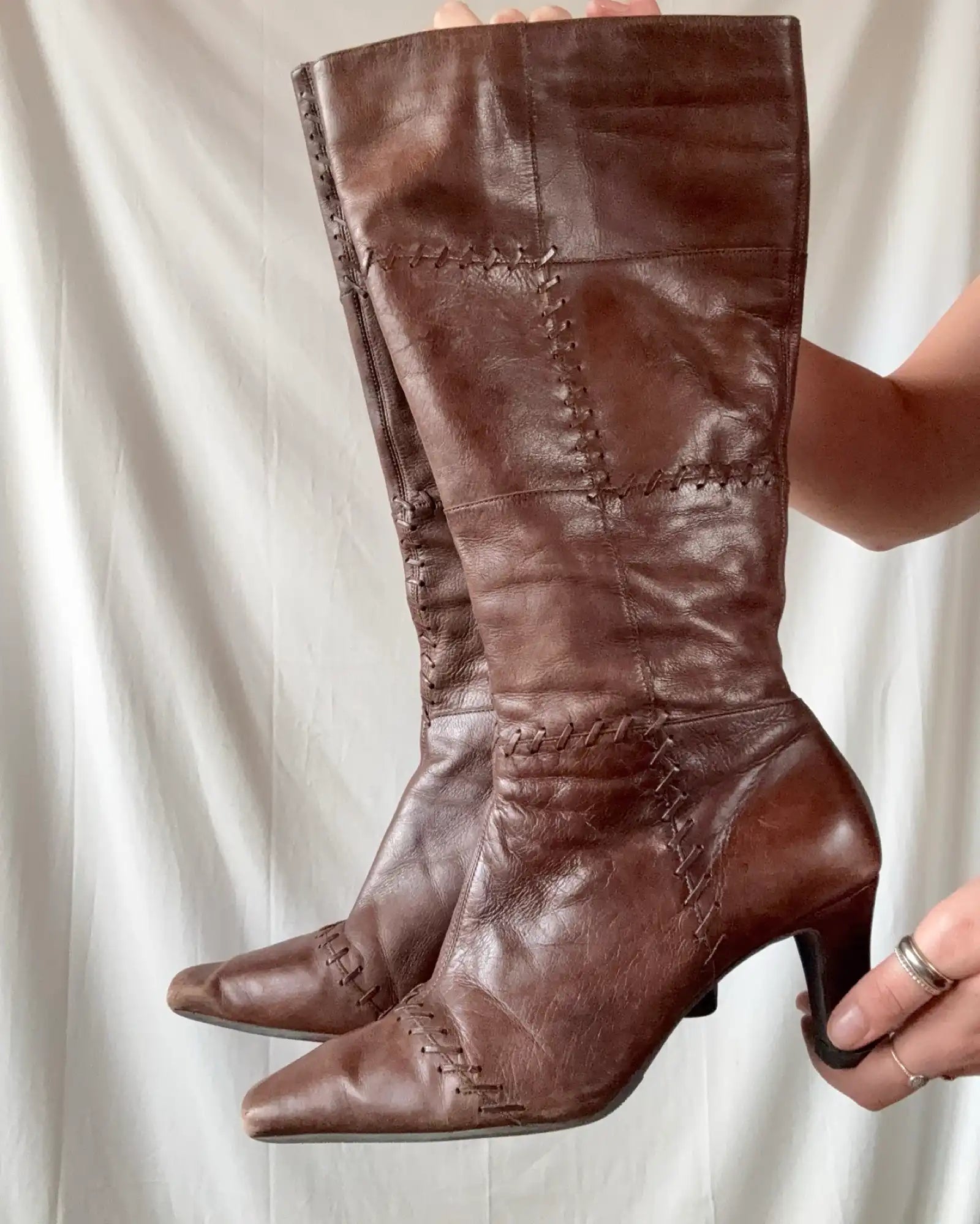 Brown Leather Knee High Boots with Stitch Detail