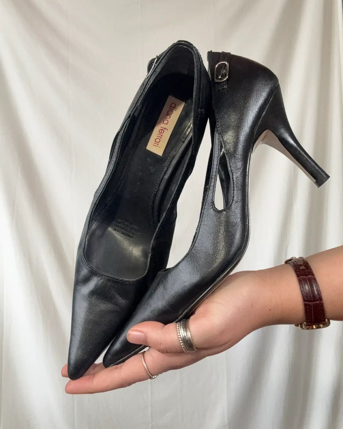 Pointed Black Leather Heels