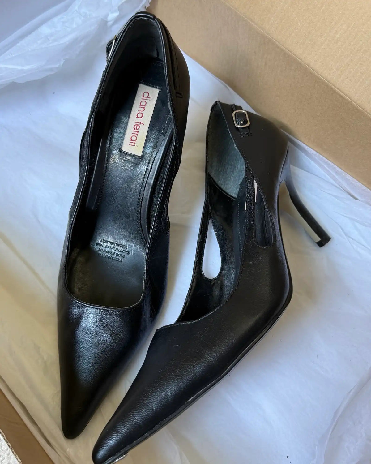 Pointed Black Leather Heels