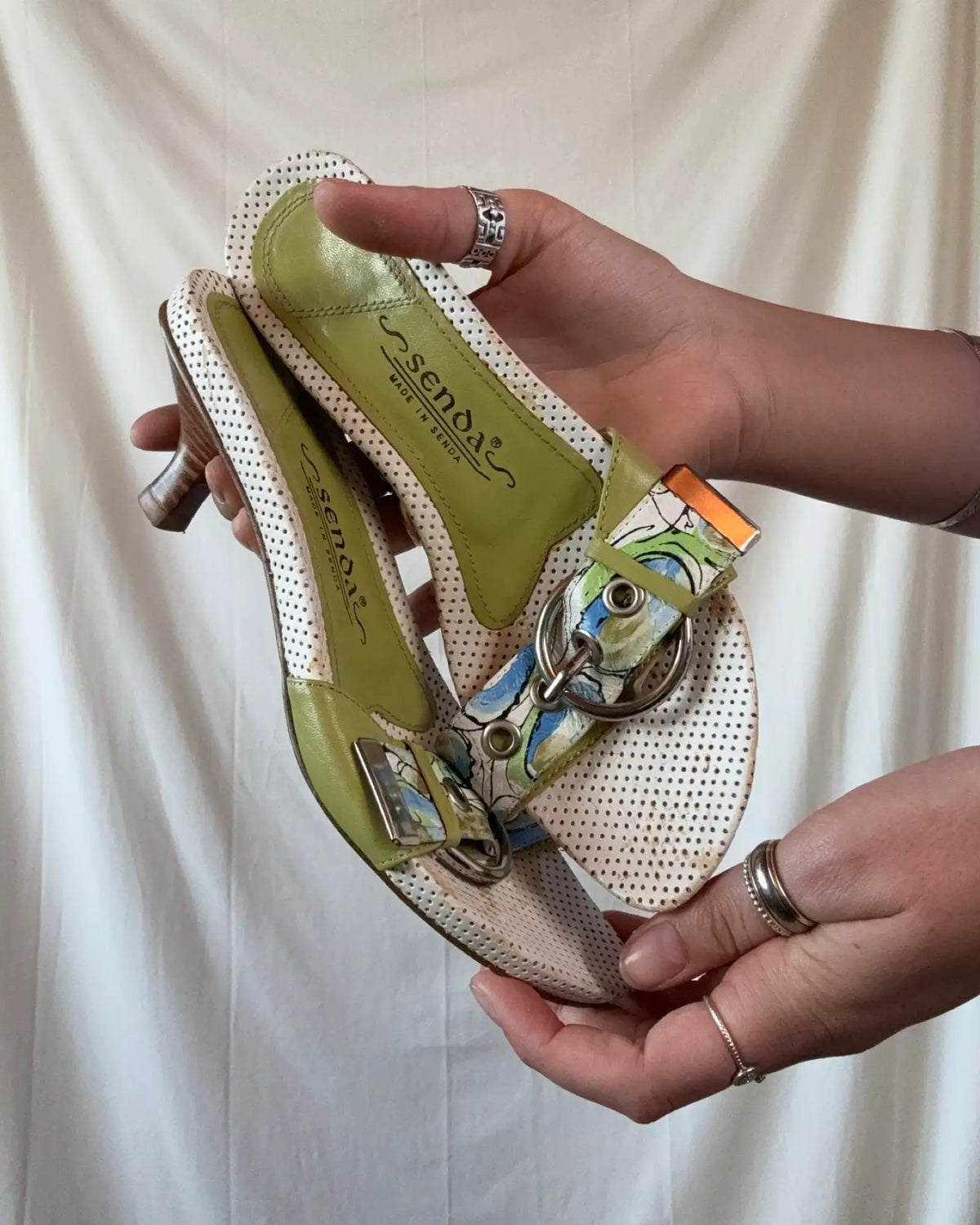 White Green and Blue Kitten Heels