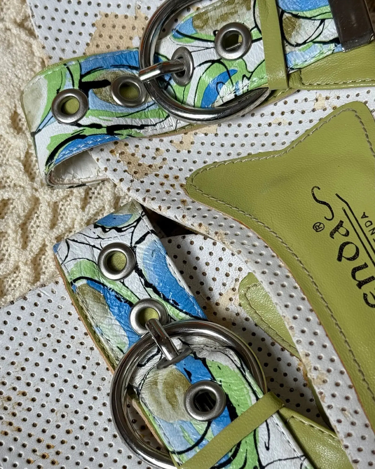 White Green and Blue Kitten Heels