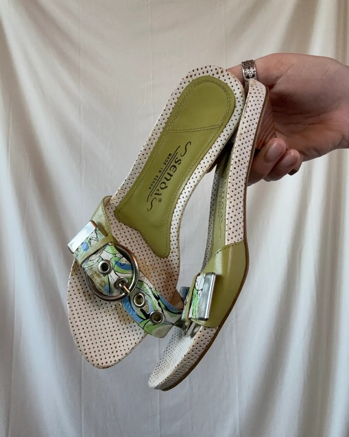 White Green and Blue Kitten Heels