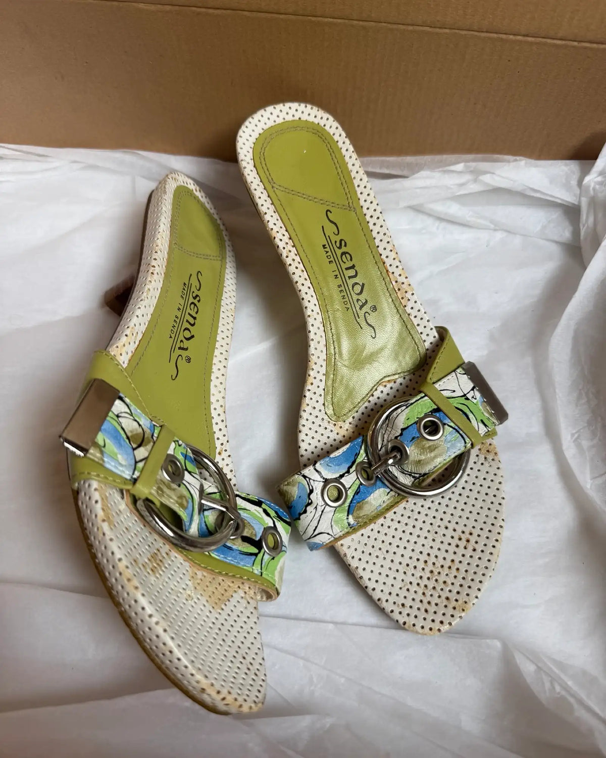 White Green and Blue Kitten Heels