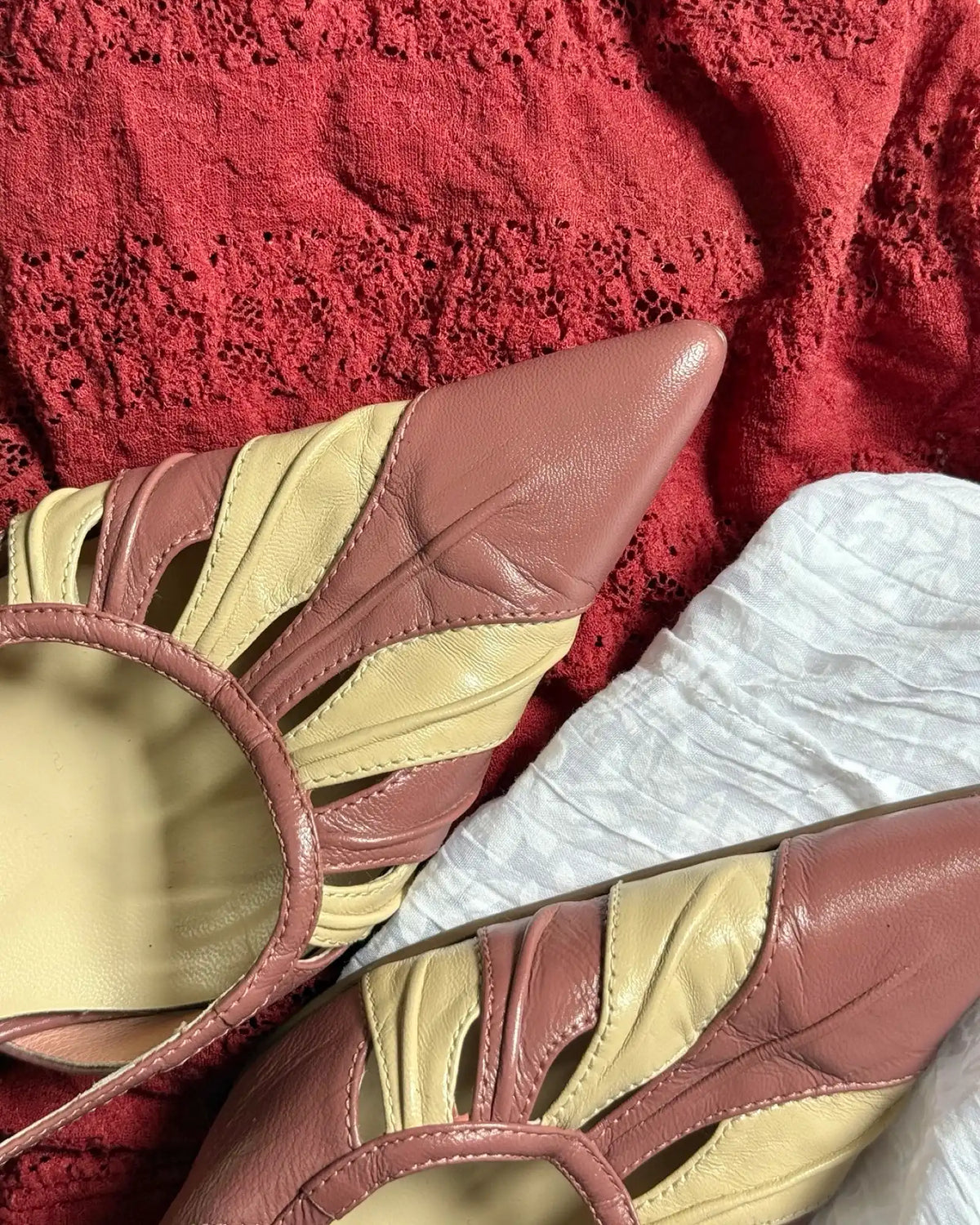 Cream and Pink Leather Pointed Mules
