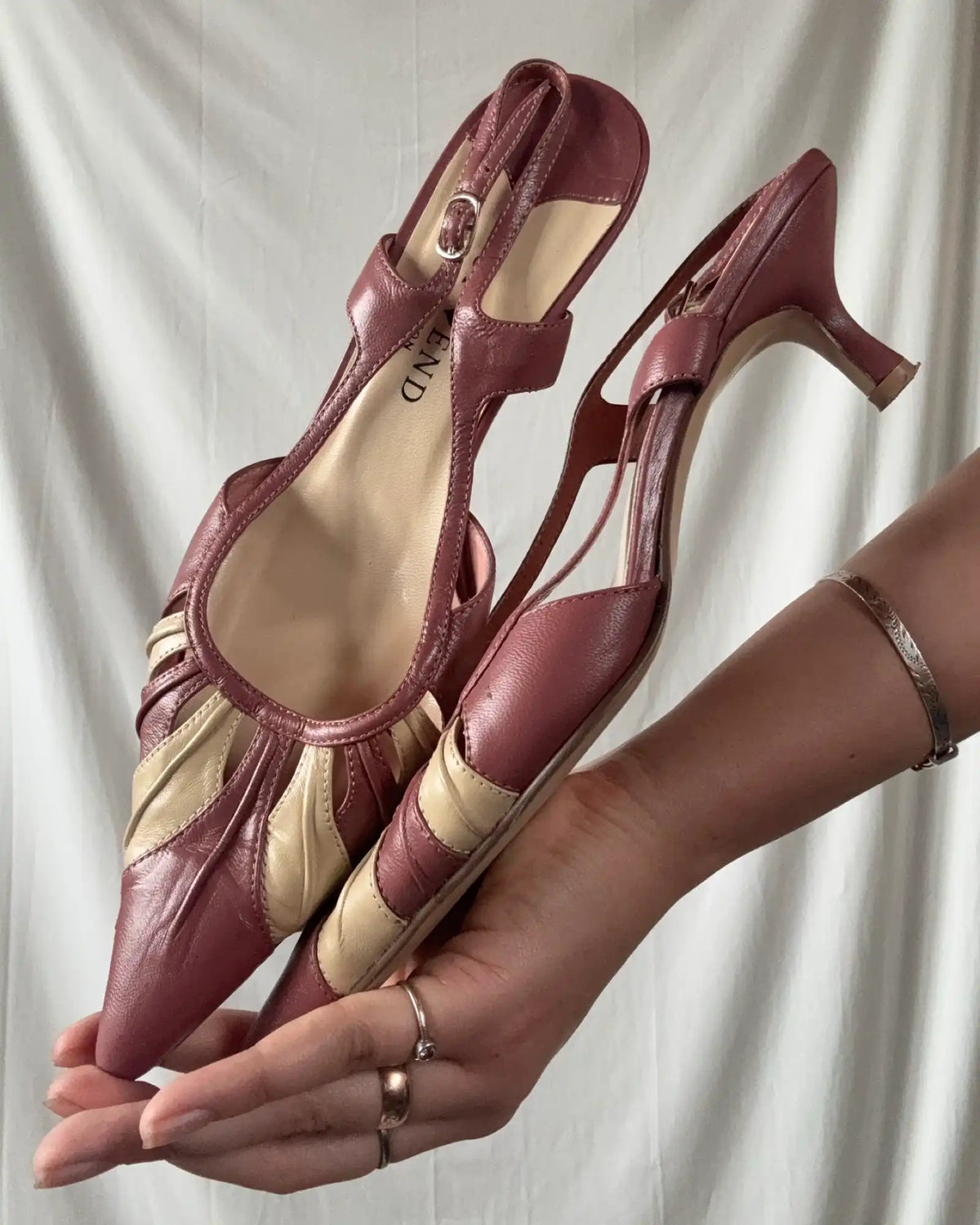 Cream and Pink Leather Pointed Mules