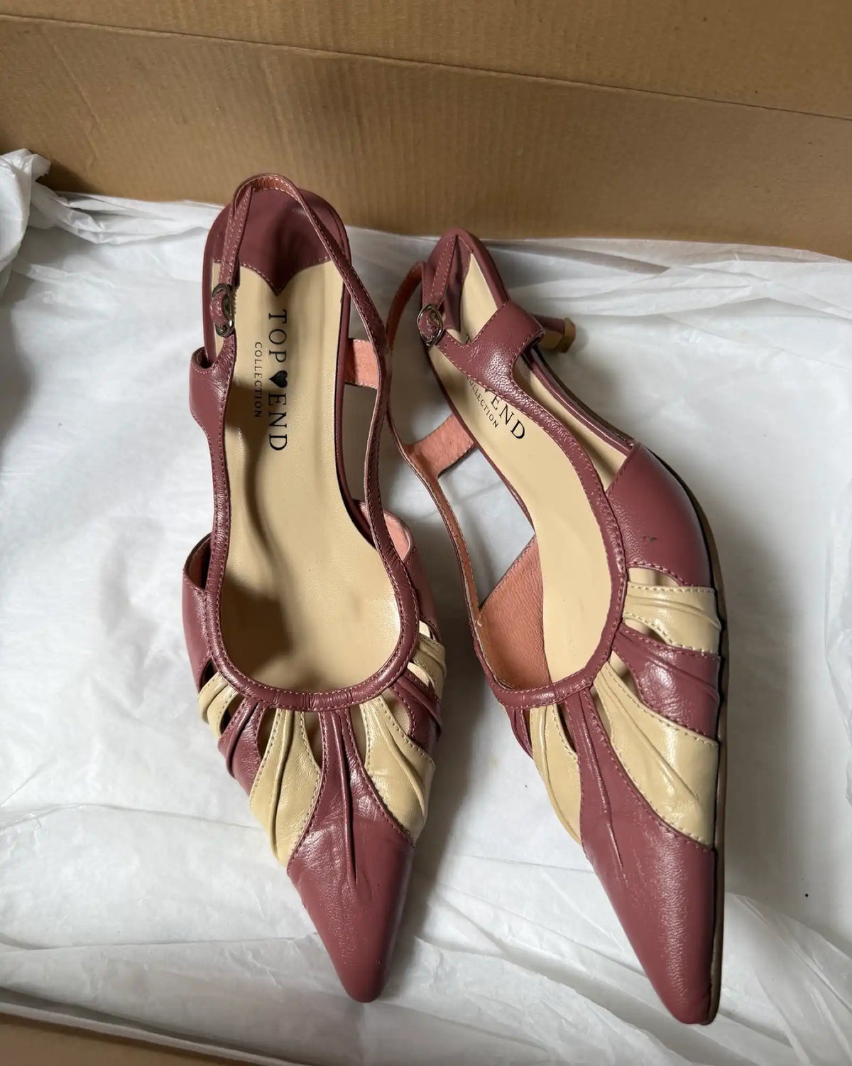 Cream and Pink Leather Pointed Mules