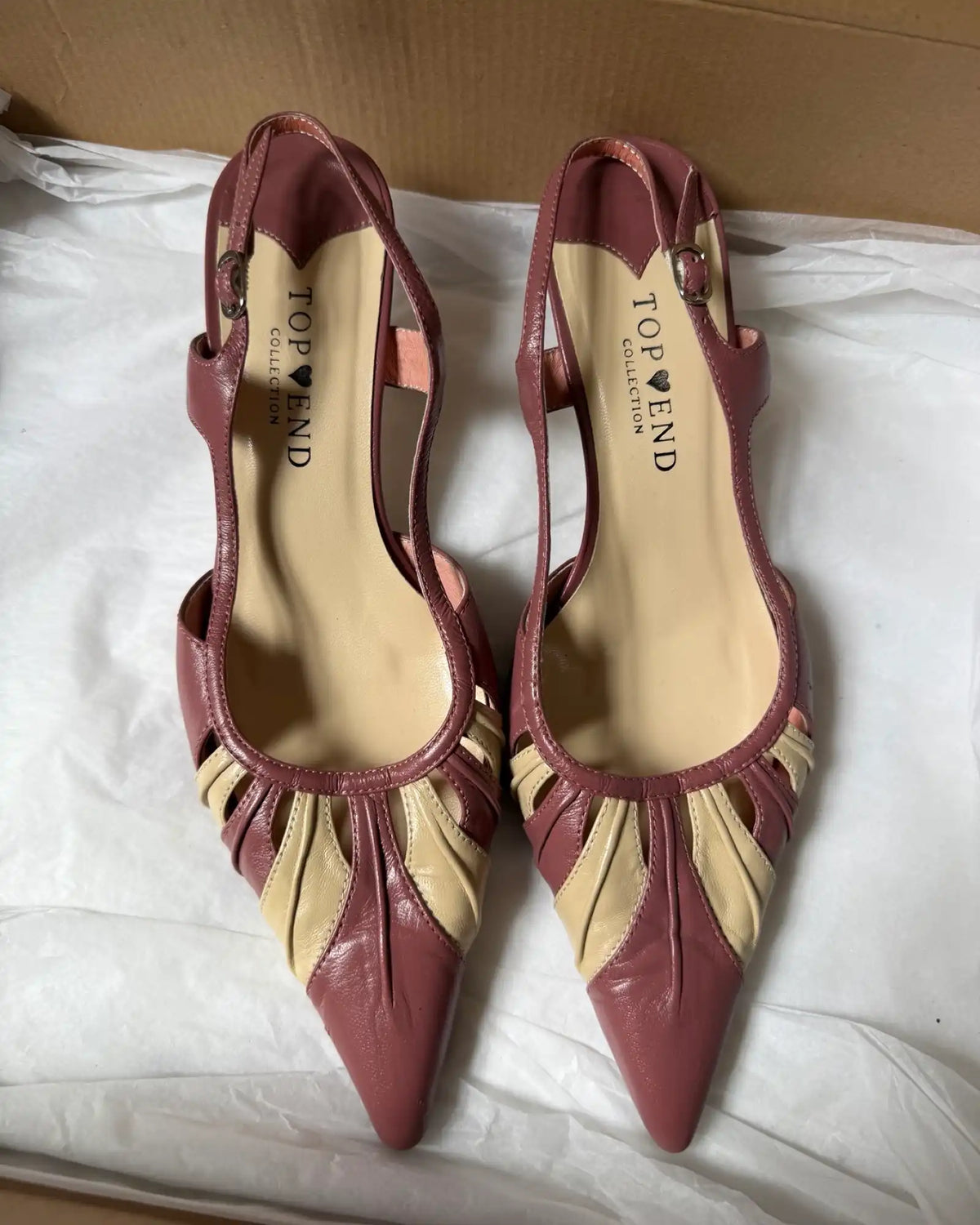 Cream and Pink Leather Pointed Mules