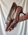Brown Leather Pointed Toe Kitten Heels