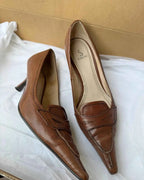Brown Leather Pointed Toe Kitten Heels