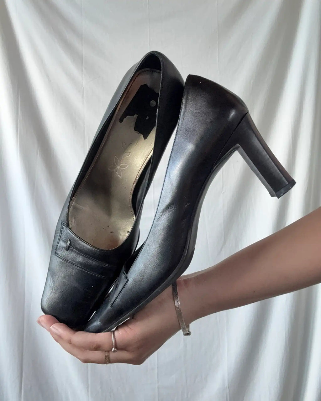Black Leather Square Toe Heels
