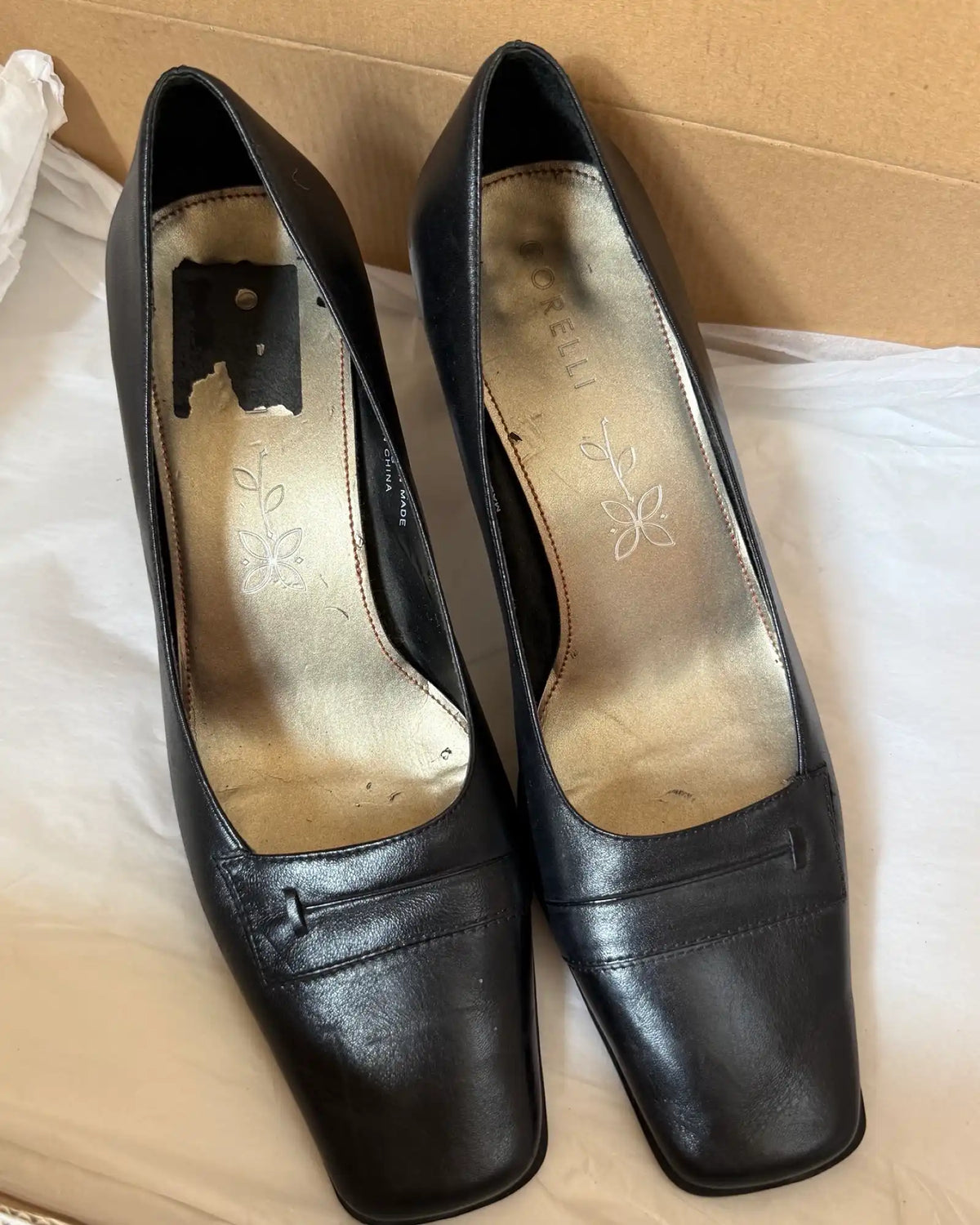 Black Leather Square Toe Heels