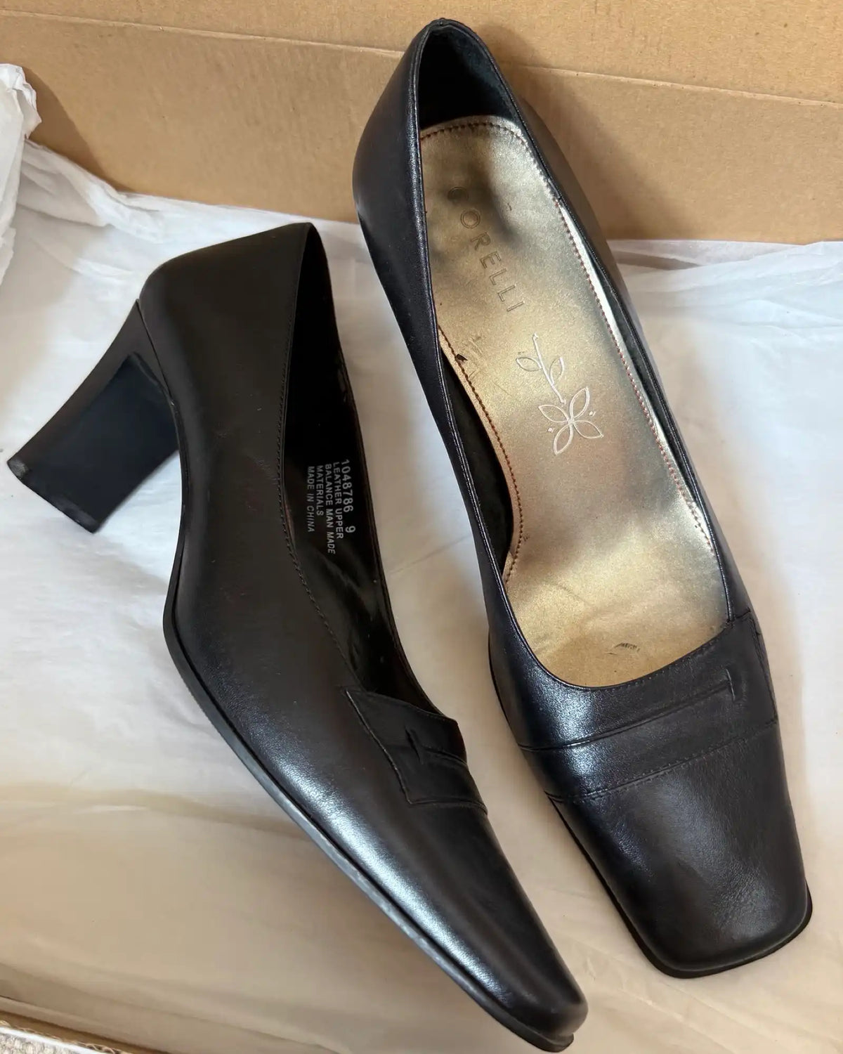 Black Leather Square Toe Heels
