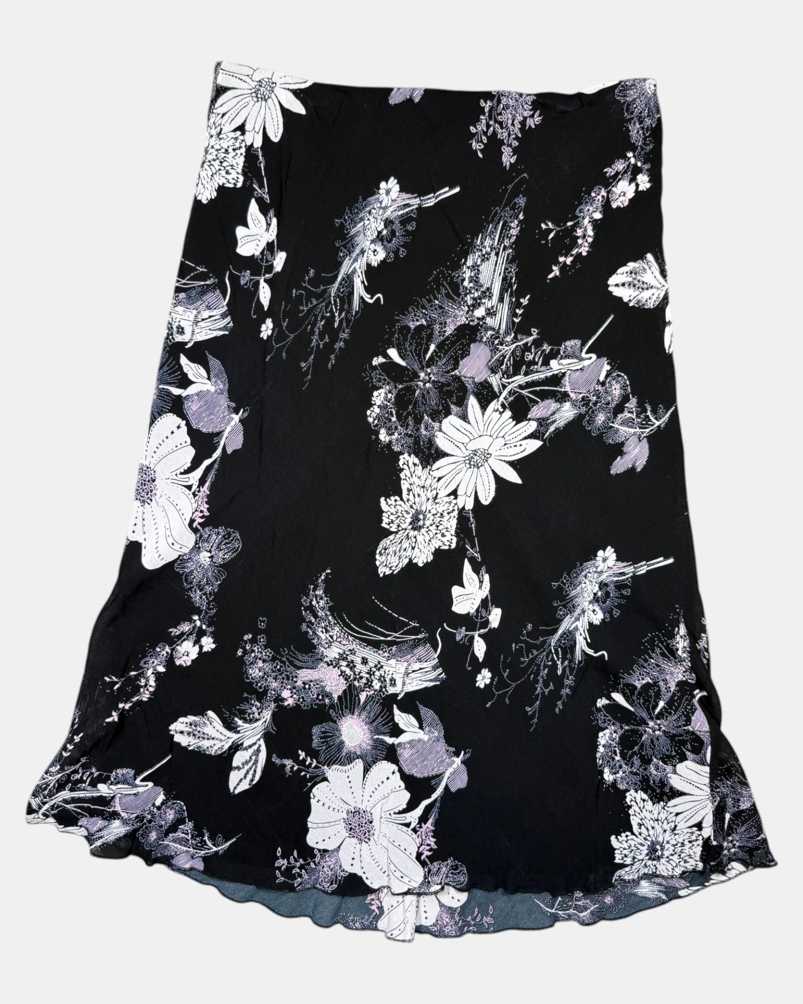 90s Black and Pink Floral Maxi Skirt | Size 14