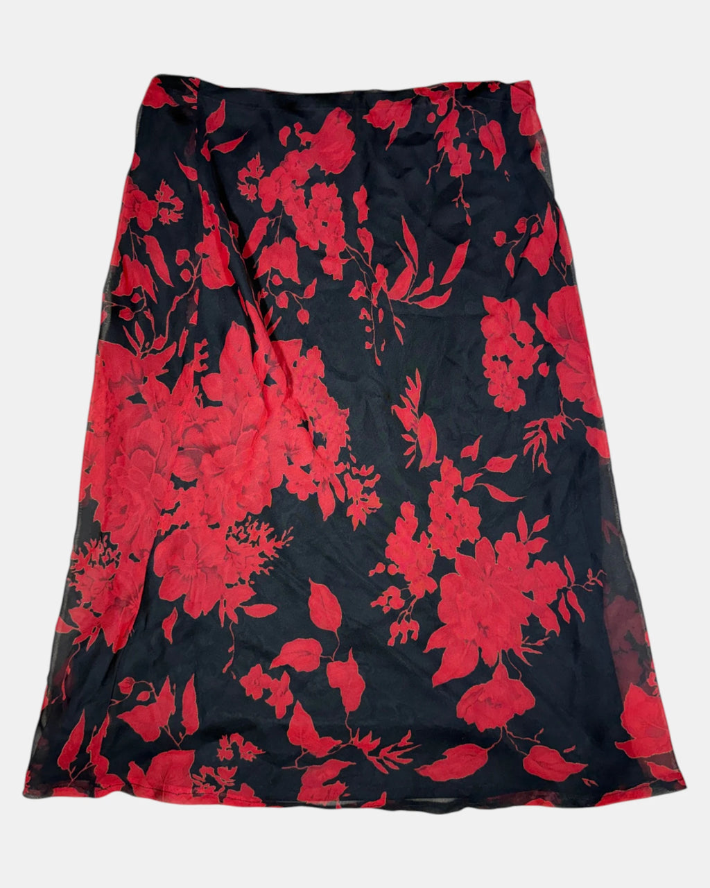 Red Floral Flowy Midi Skirt | Estimated Size 12-14