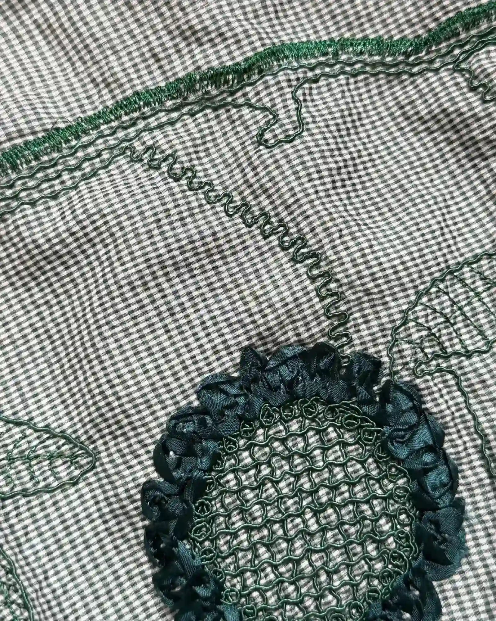 Green and White Checked Floral Midi Skirt