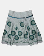 Green and White Checked Floral Midi Skirt