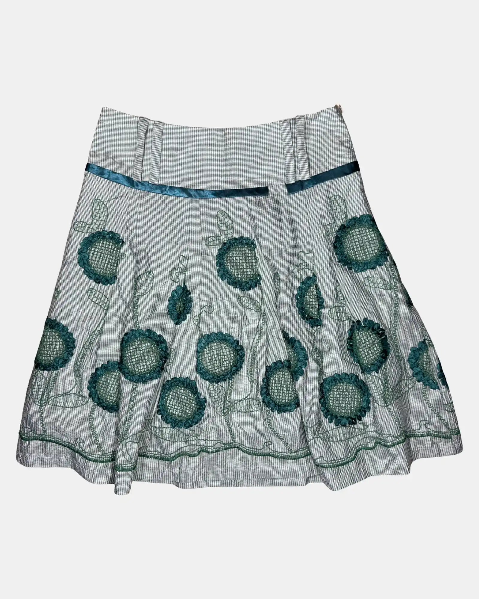 Green and White Checked Floral Midi Skirt