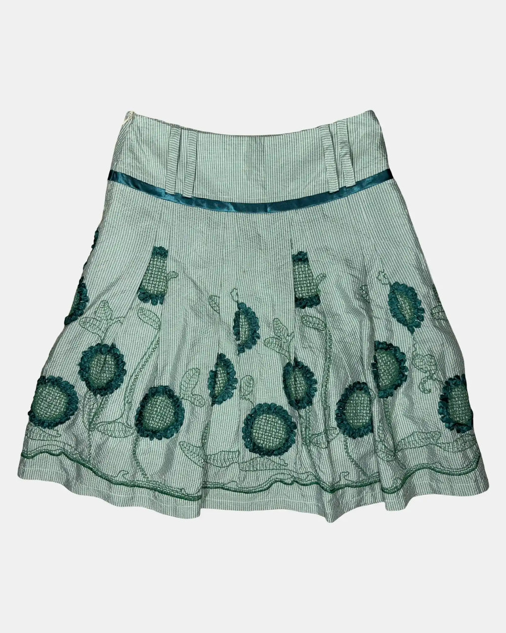 Green and White Checked Floral Midi Skirt