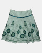 Green and White Checked Floral Midi Skirt