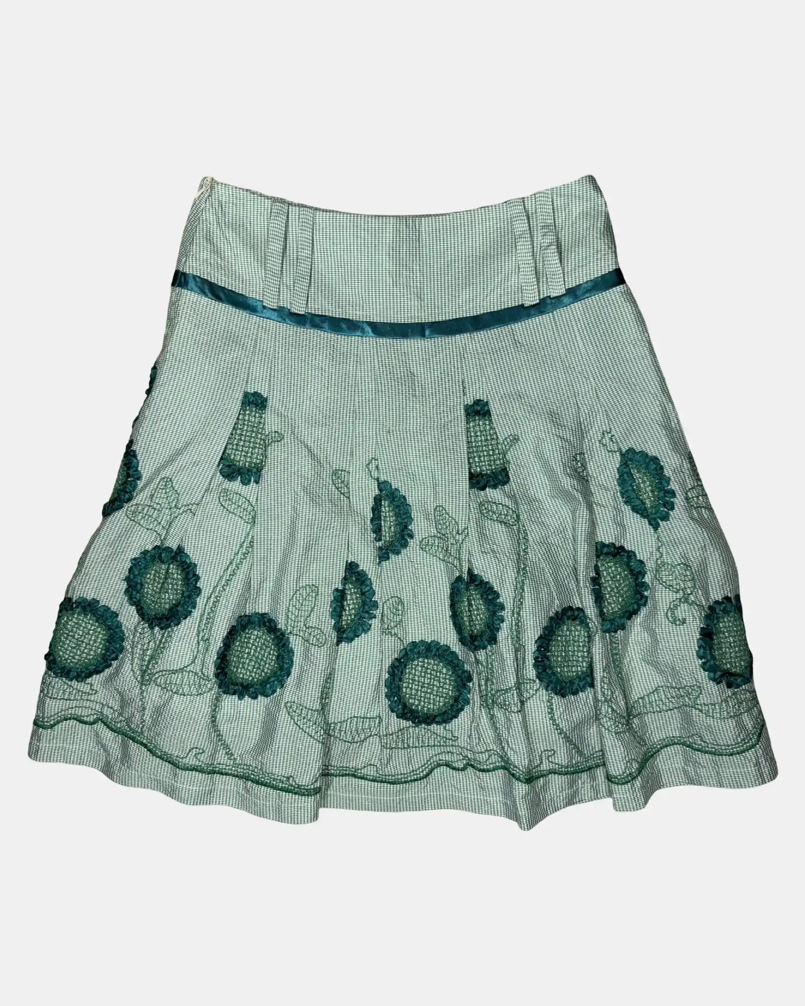 Green and White Checked Floral Midi Skirt