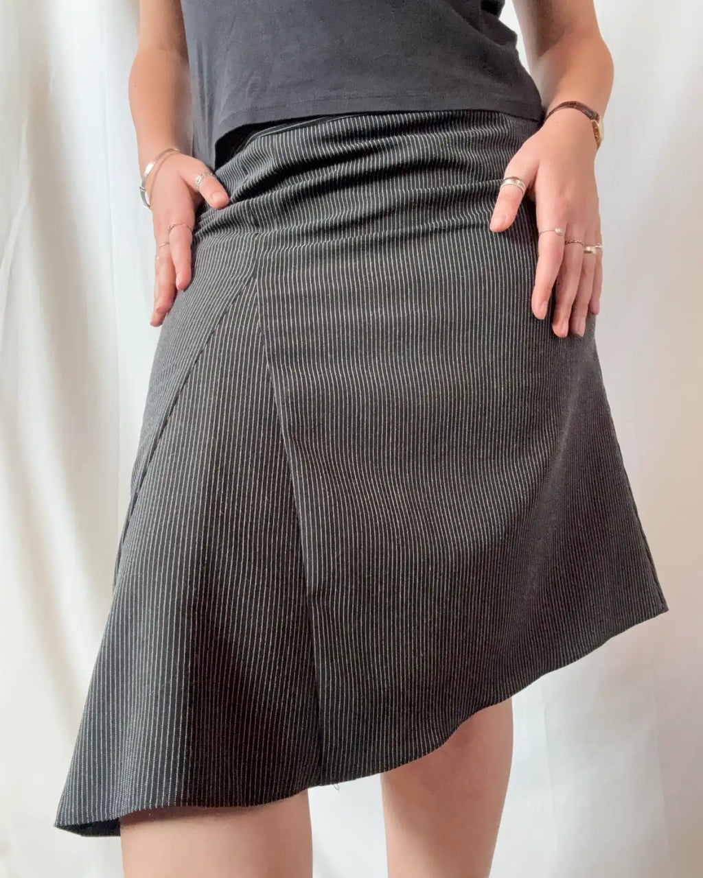 Black and White Striped Asymmetrical Midi Skirt