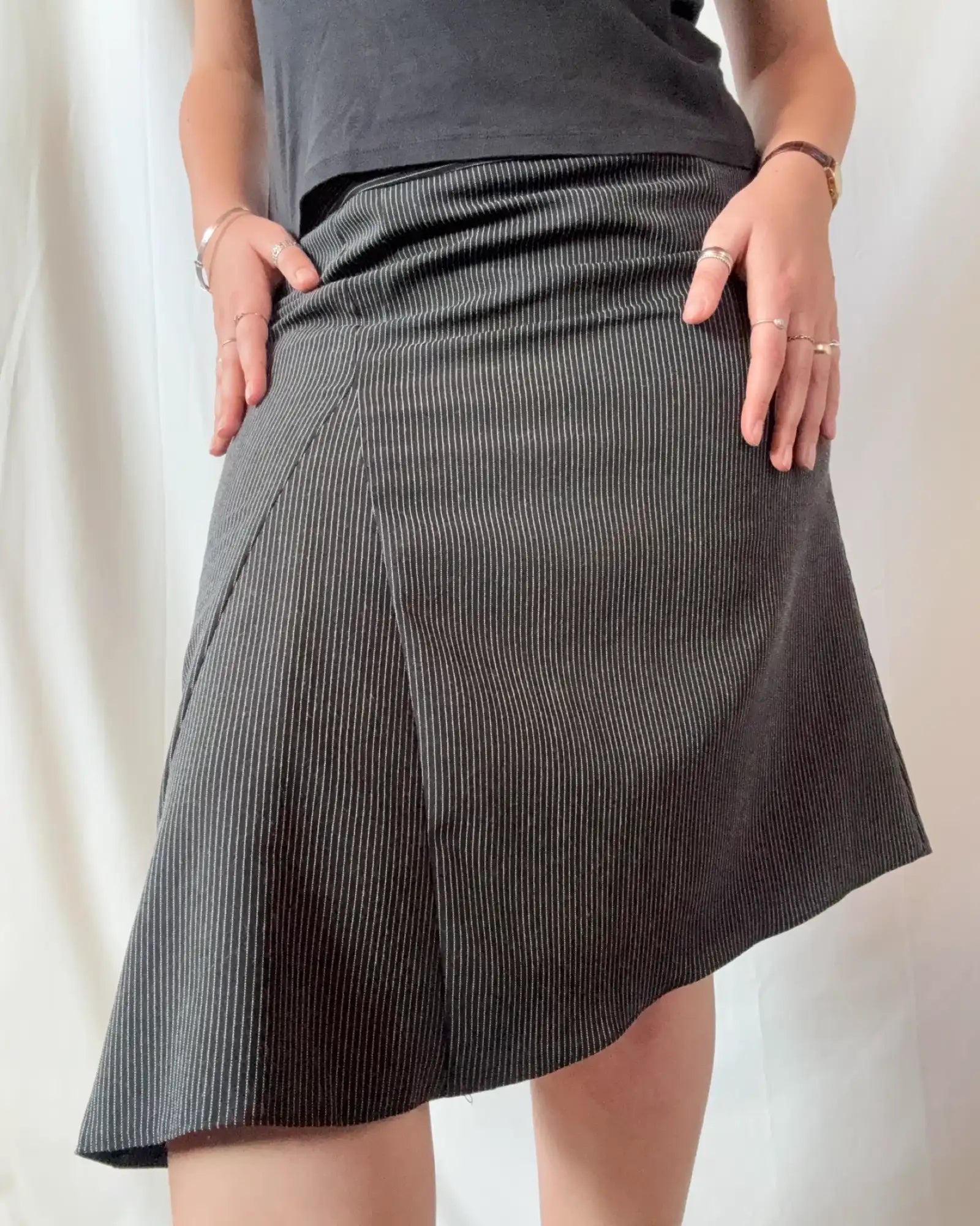 Black and White Striped Asymmetrical Midi Skirt