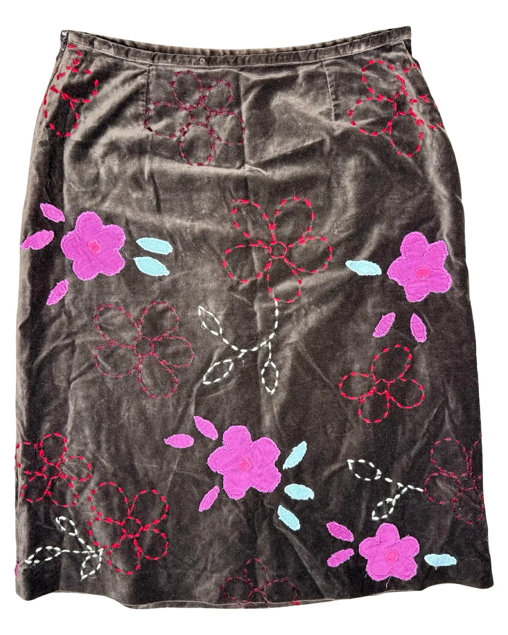 Brown Velvet Style Skirt with Pink Flowers