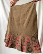 Olive Green Cord Midi Skirt with Circles