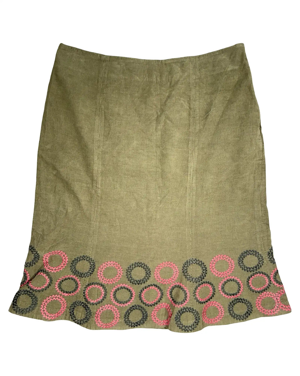 Olive Green Cord Midi Skirt with Circles