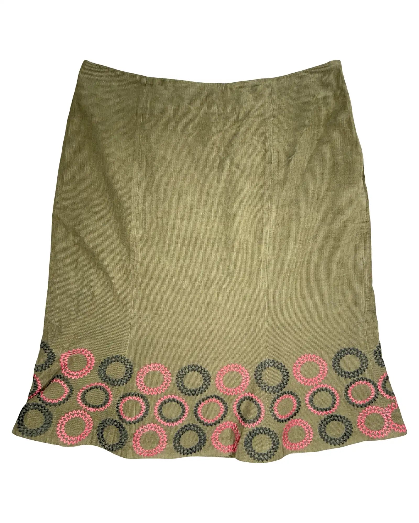 Olive Green Cord Midi Skirt with Circles