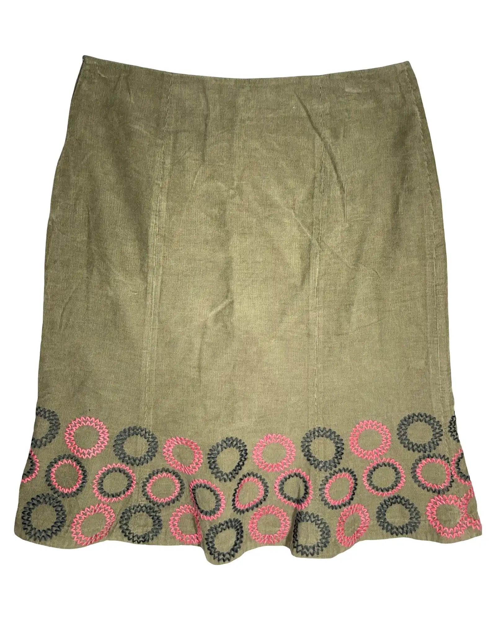 Olive Green Cord Midi Skirt with Circles
