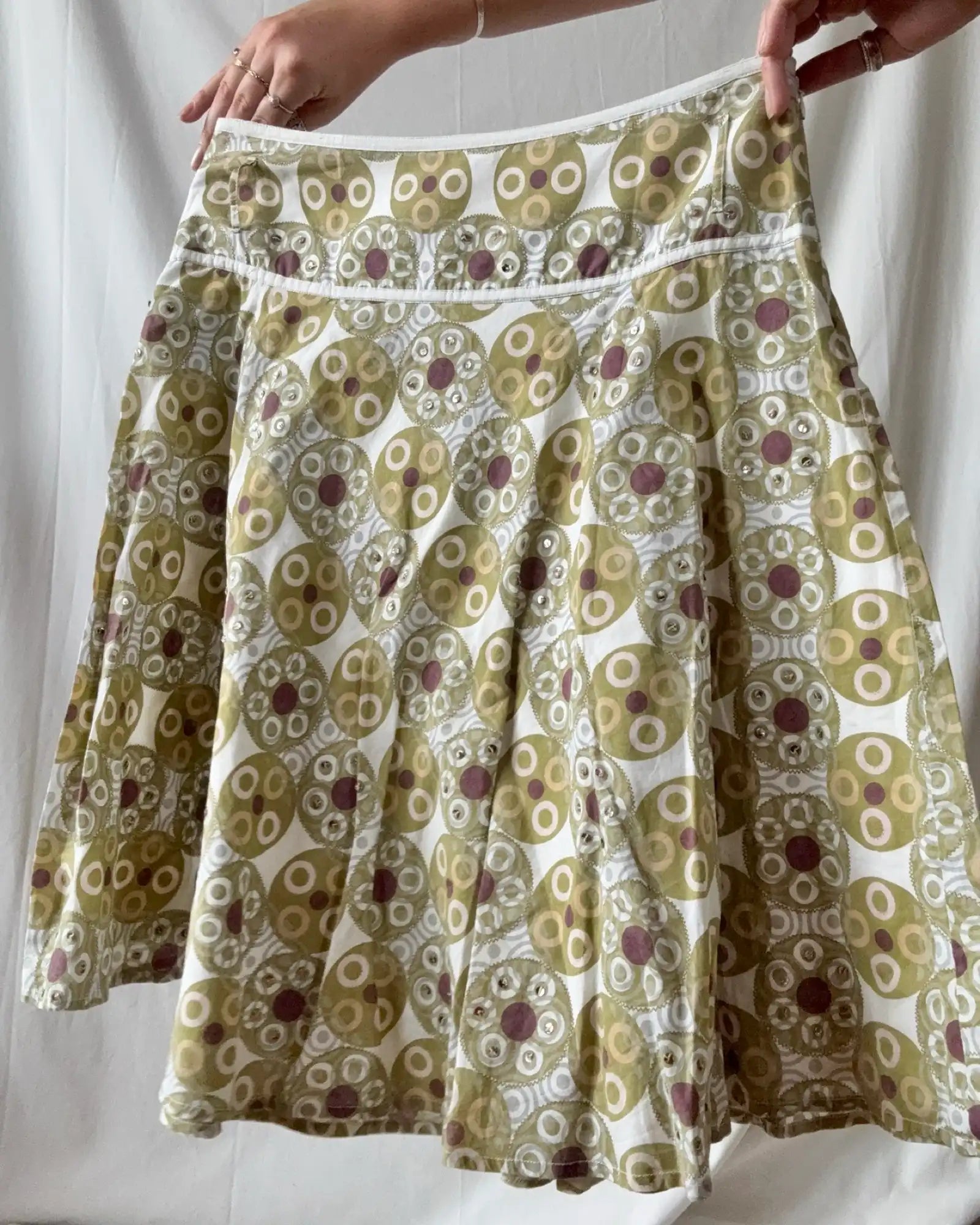Green and White Circle Midi Skirt