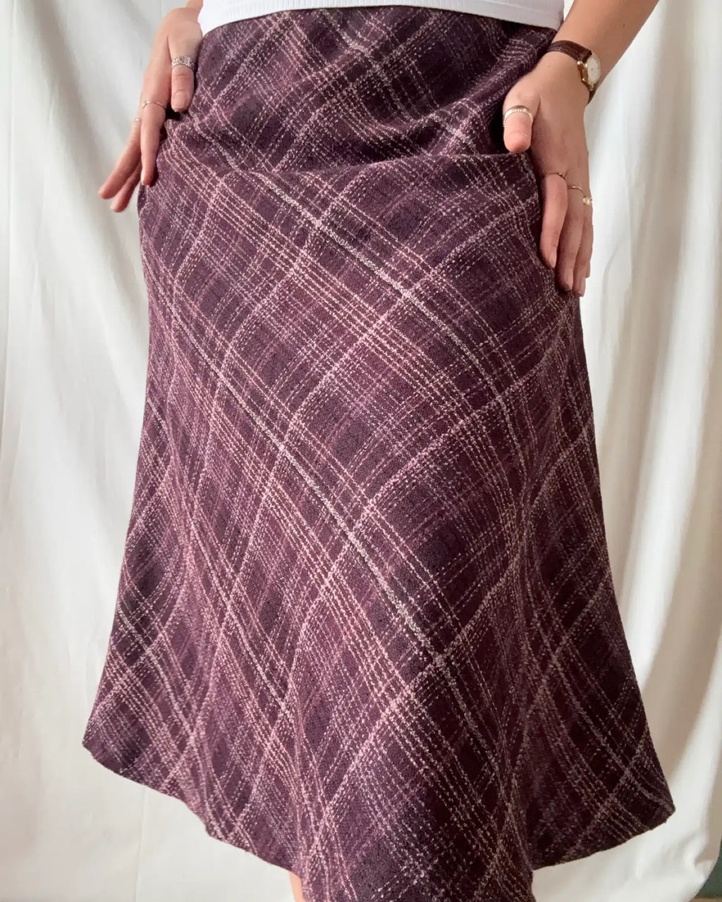 Purple, Pink and Black Striped Checked Midi Skirt