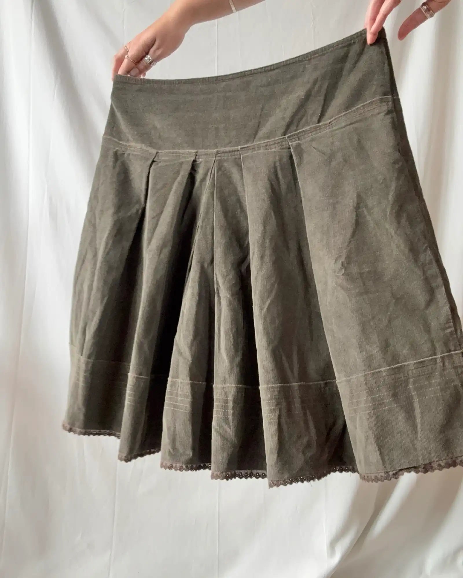 Brown/Green Cord A Line Midi Skirt