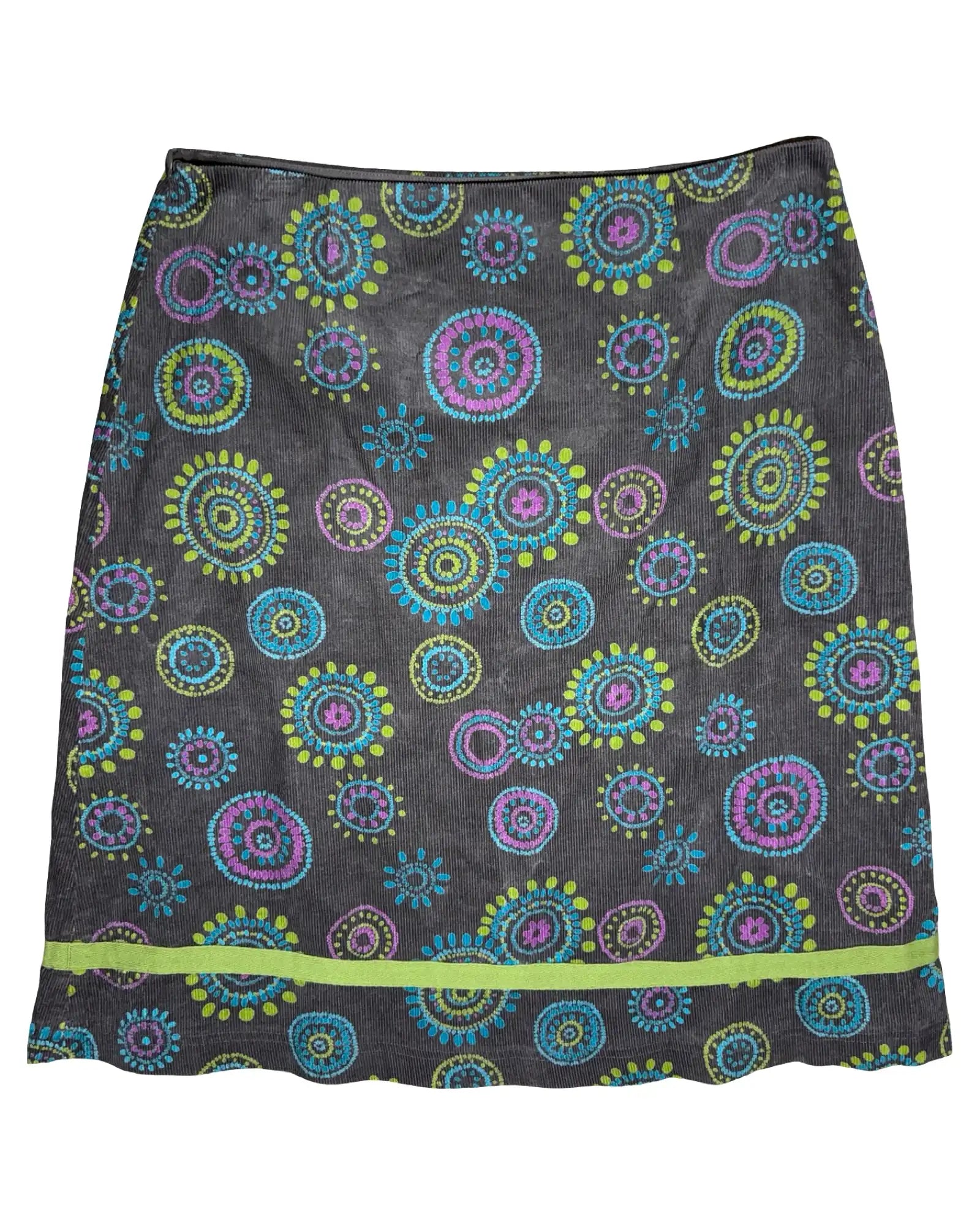 Brown Cord Skirt with Green, Blue, Pink Design