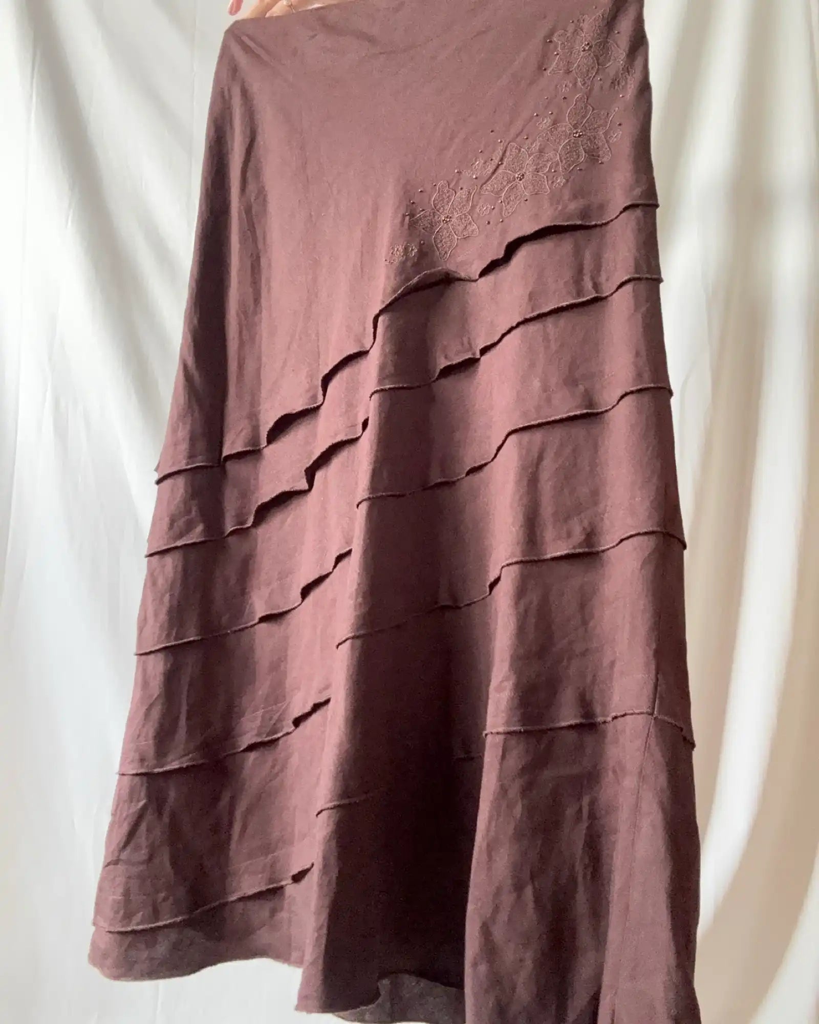Brown Flowy Ruffle Maxi Skirt