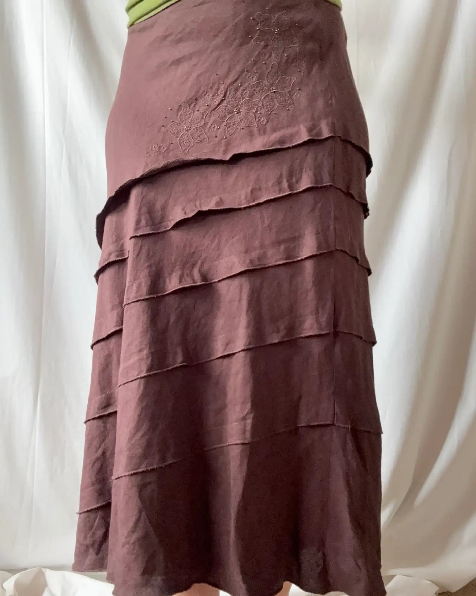 Brown Flowy Ruffle Maxi Skirt