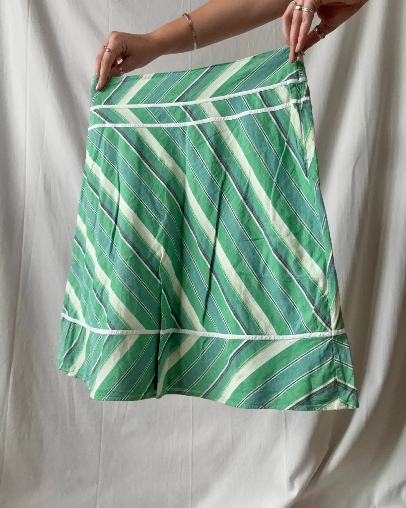 Green White Striped Midi Skirt