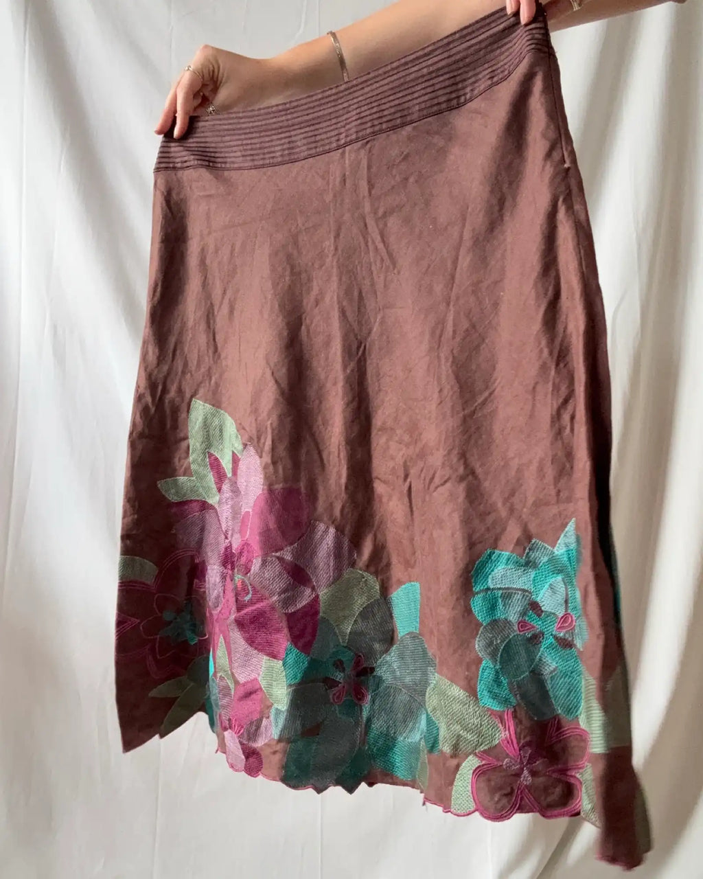 Brown Midi Skirt with Colourful Flower Design