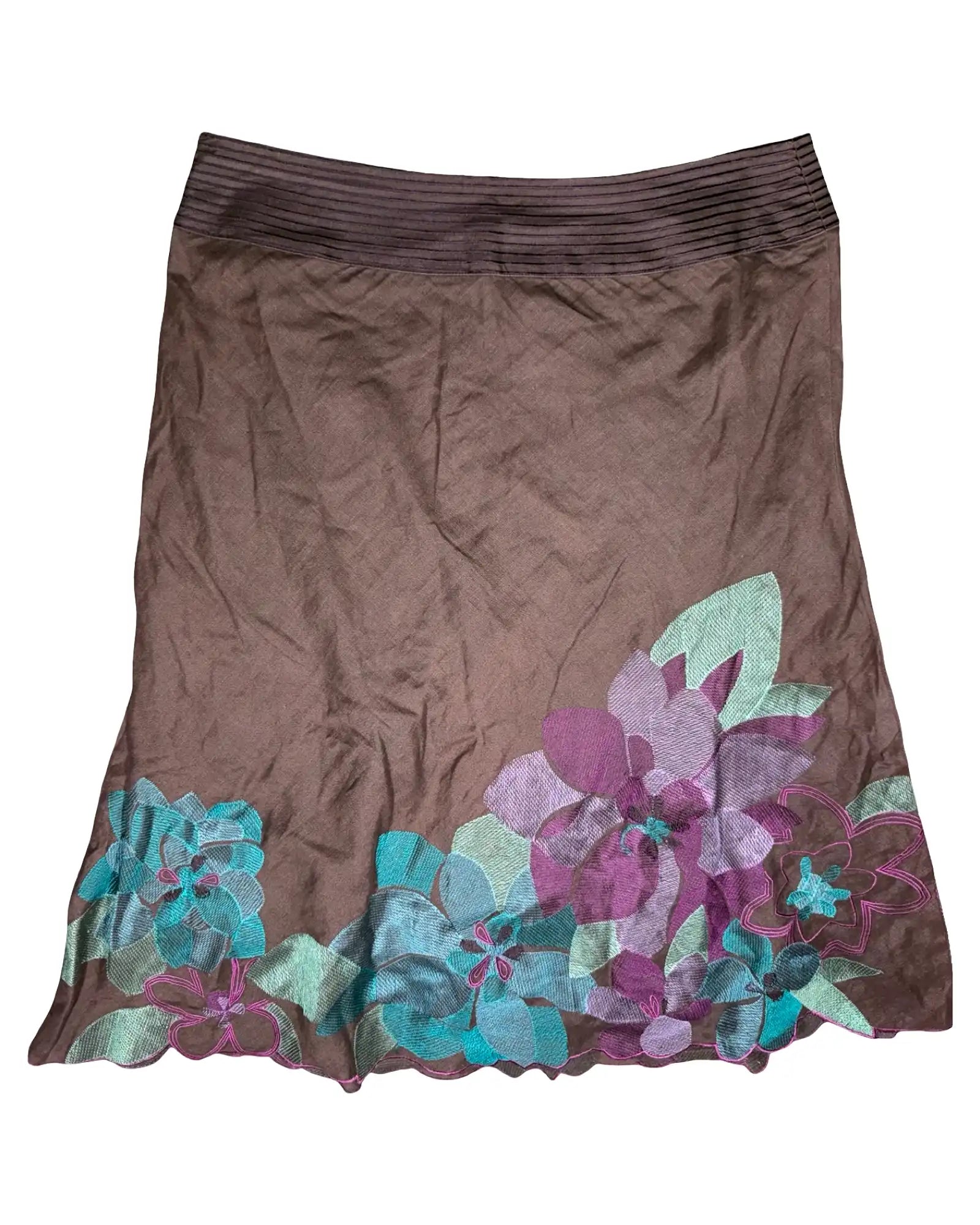 Brown Midi Skirt with Colourful Flower Design