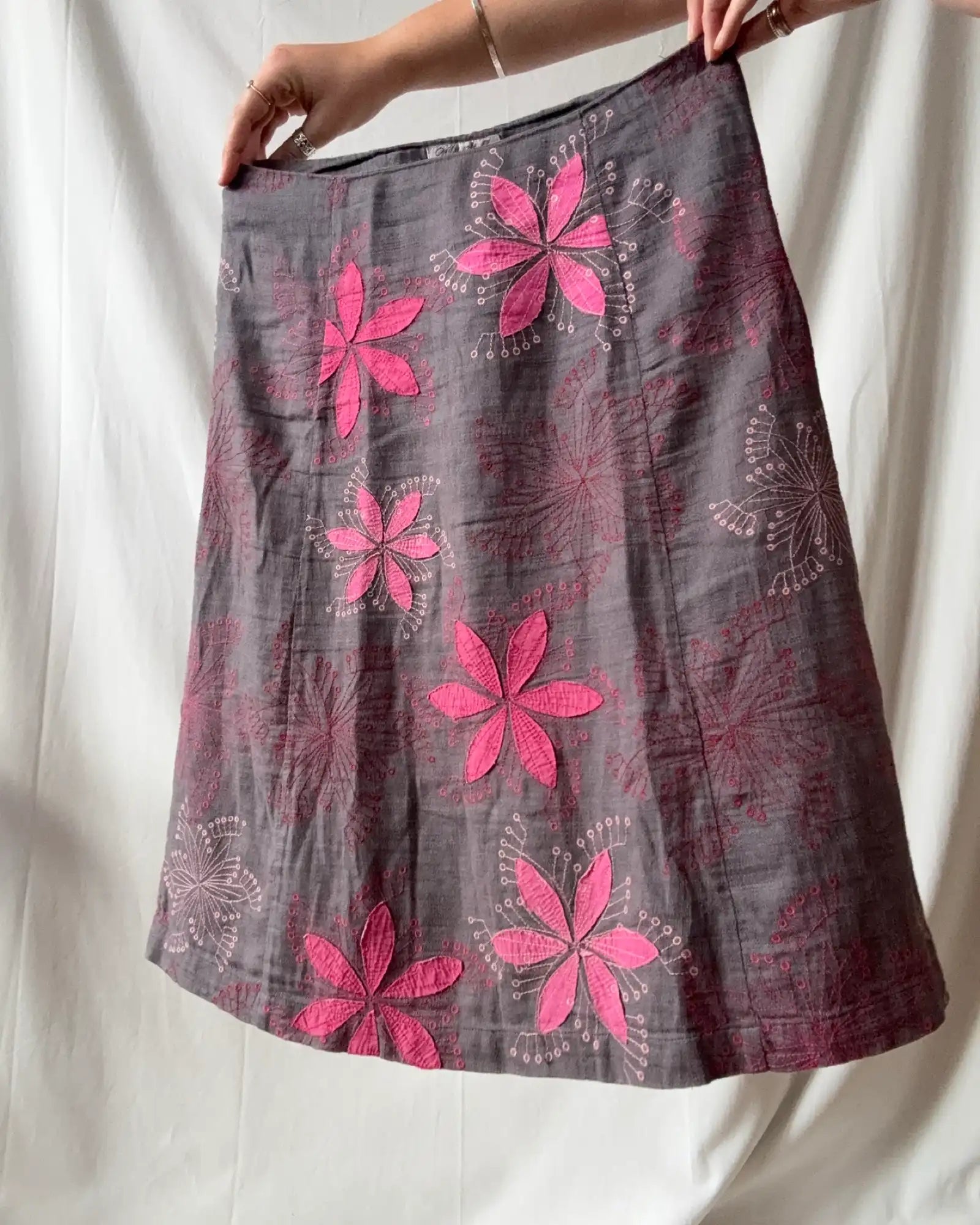 Grey Midi Skirt Flower Design
