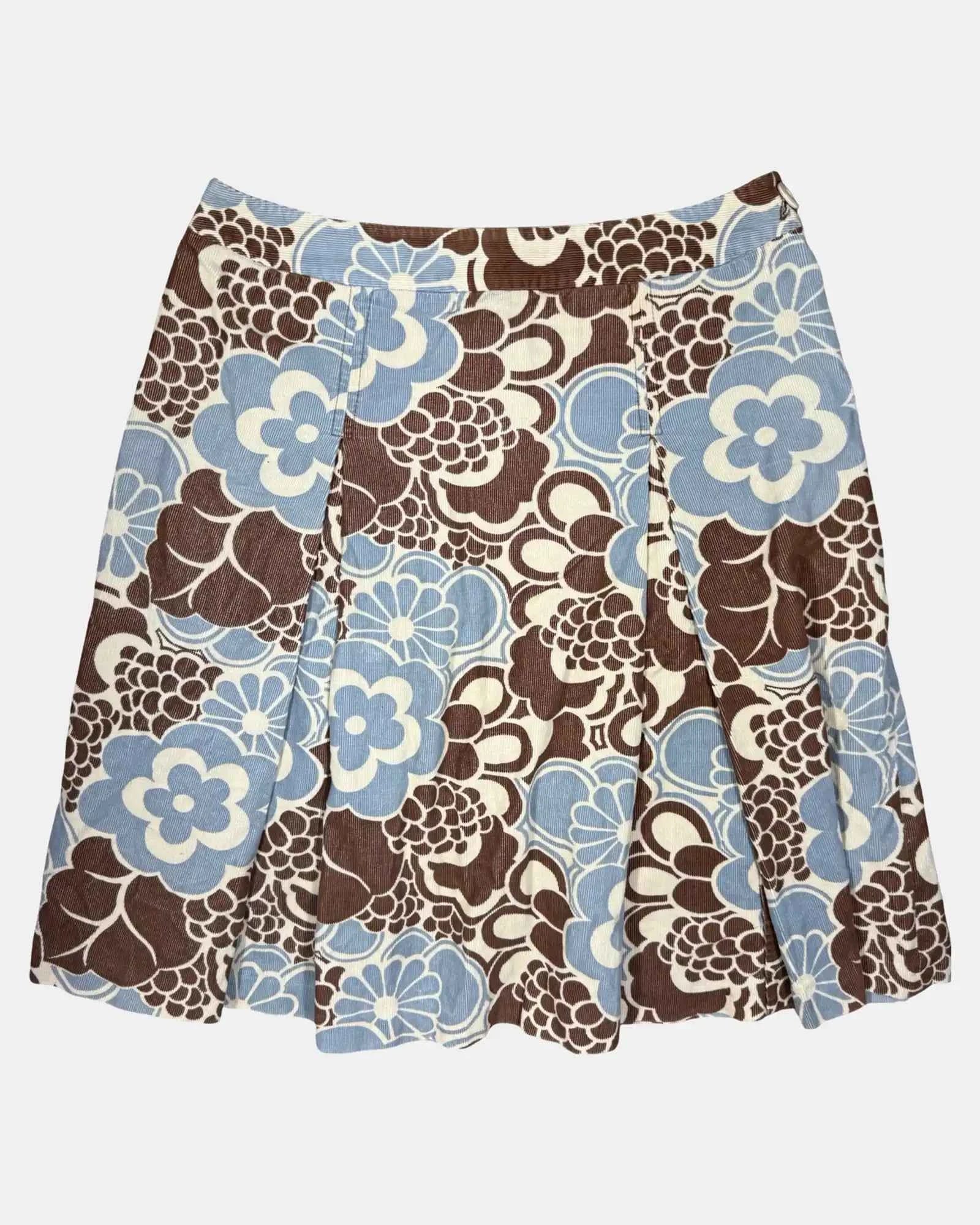 Brown and Blue Floral Cord Midi Skirt