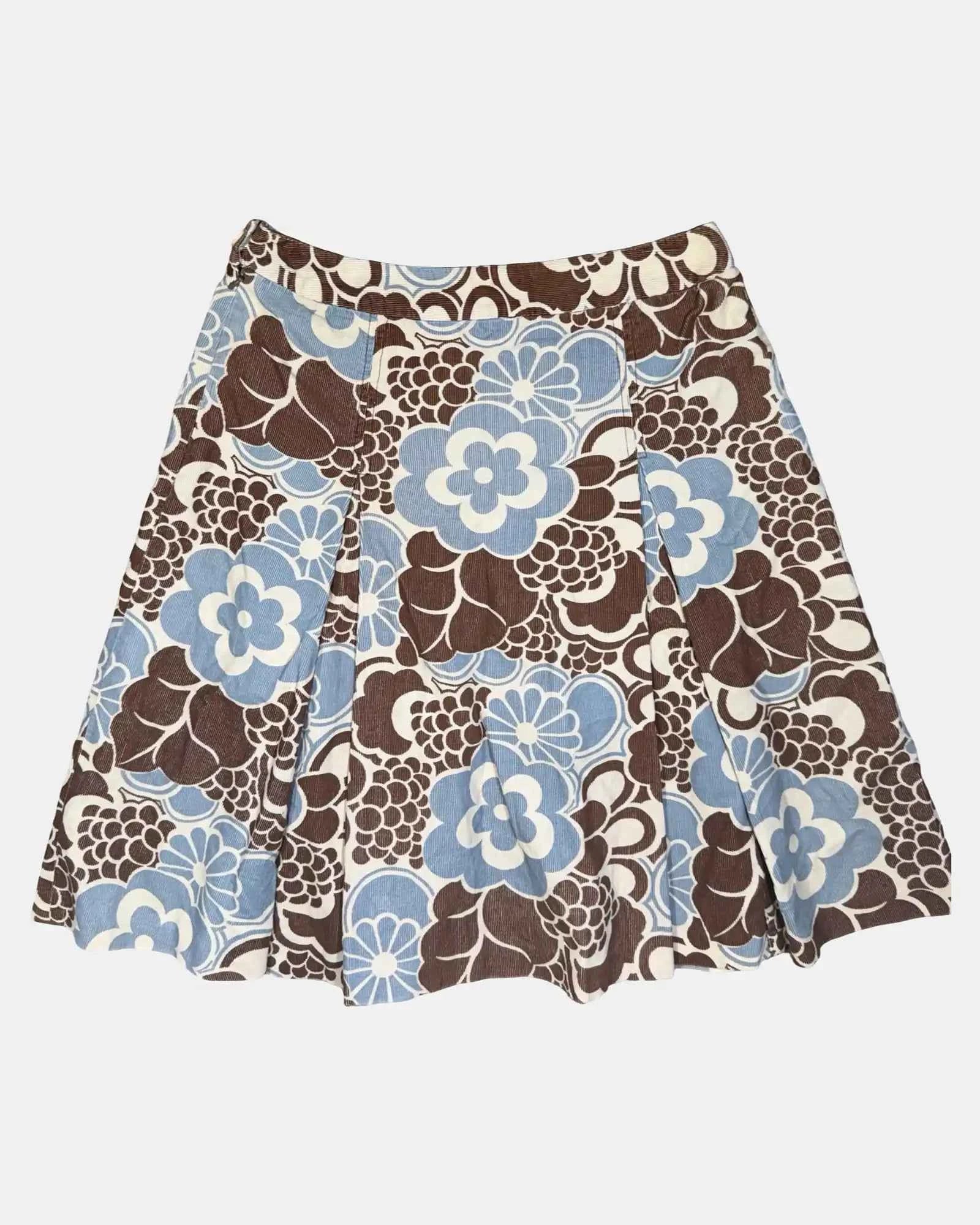 Brown and Blue Floral Cord Midi Skirt