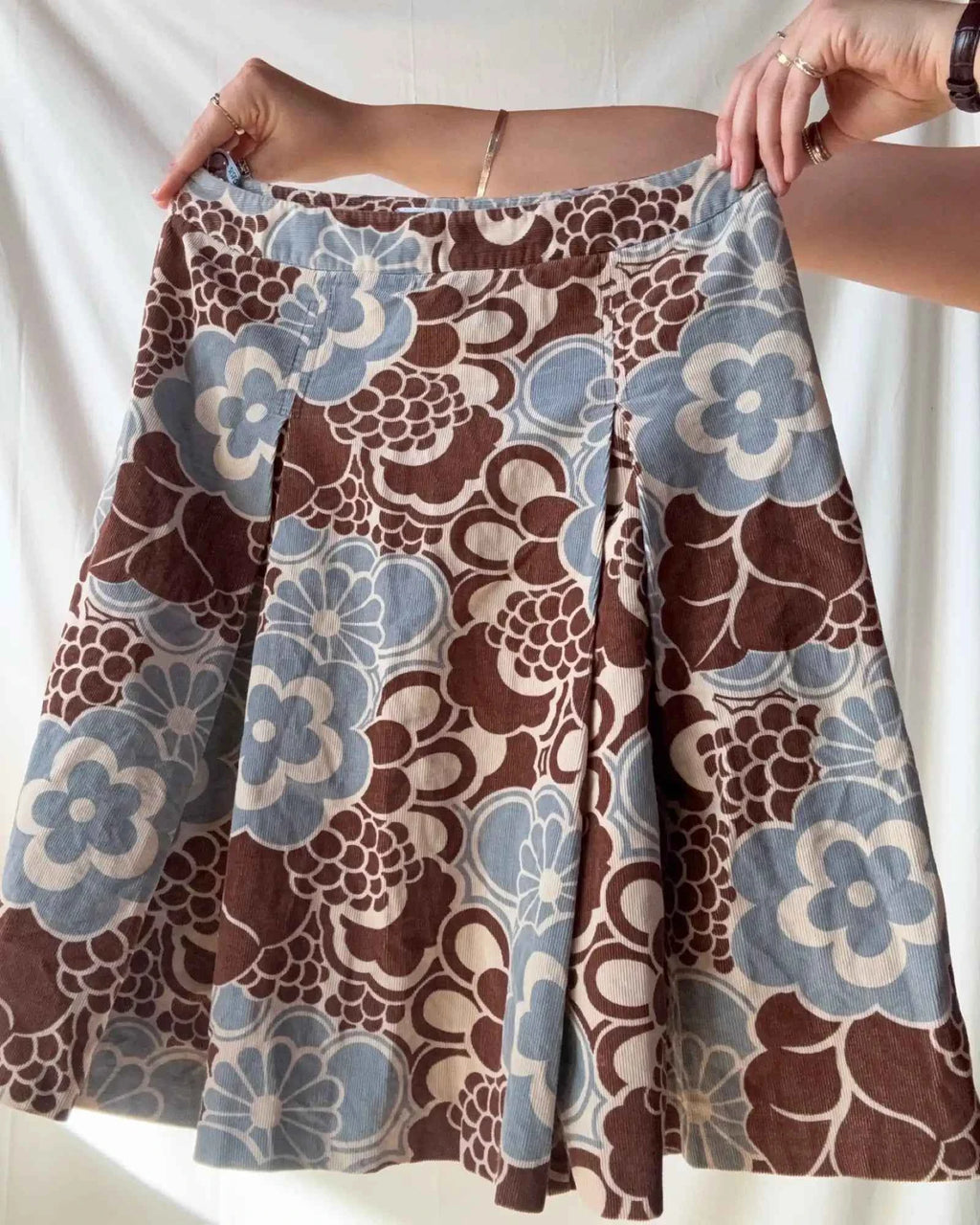 Brown and Blue Floral Cord Midi Skirt