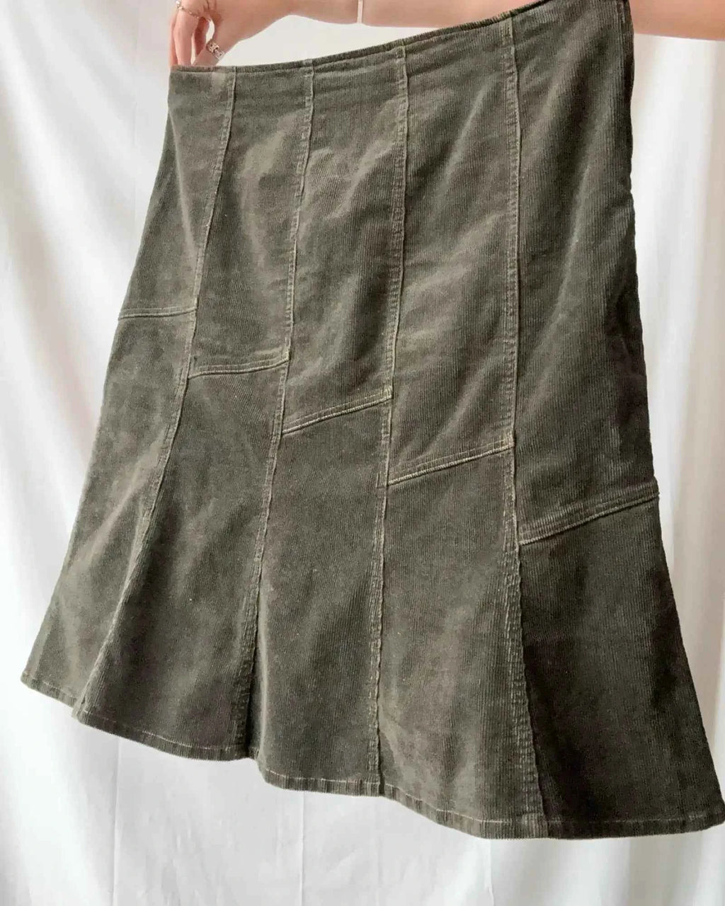 Olive Green Cord A-Line Midi Skirt