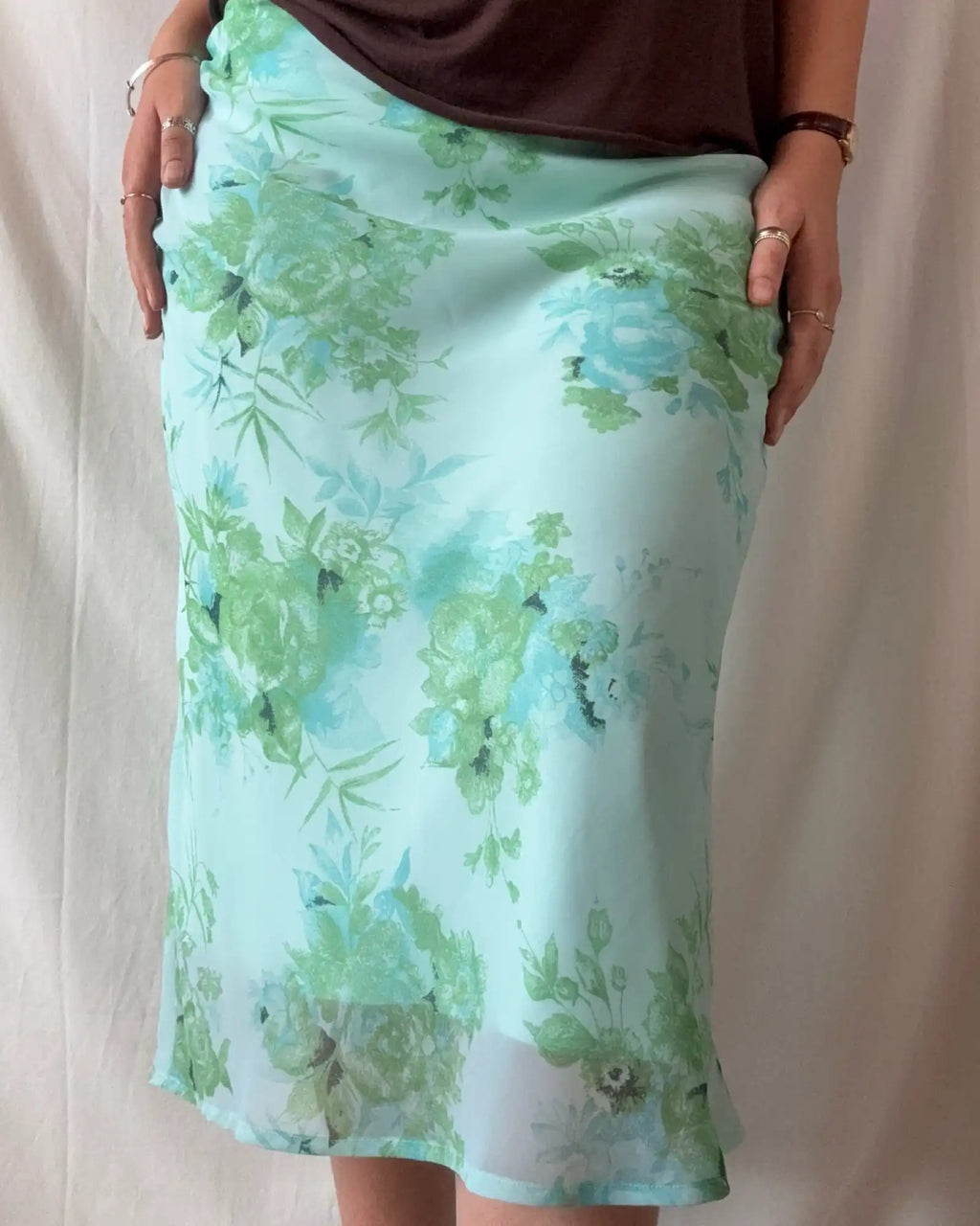 Vintage Blue Green Floral Midi Skirt